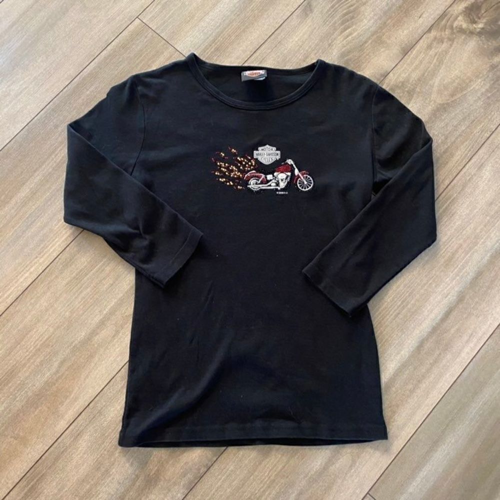Harley Davidson Motorcycle Black Bedazzled Shirt Women Medium‎